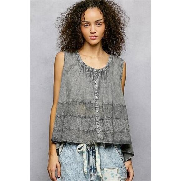 POL Tops - POL Button Down Round Neck Tank with Crochet Contrast